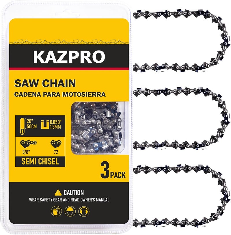 KAZPRO 20 Inch Chainsaw Chain 72 Drive Links, 3/8" Pitch, .050" Gauge, Low kickback, Lubrication System Chainsaw Blade fits Echo, Poulan, Makita, Remington, etc, KP-D72 (3 Pack) - Image 1